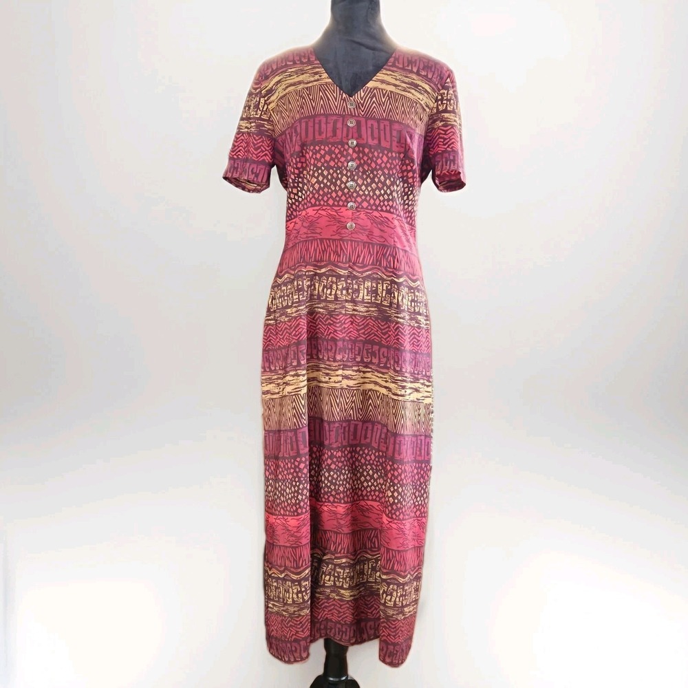 Vtg Kathie Lee Safari Jungle Sheath Colorful Aztec Boho Dress Sz 8 Short Sleeve